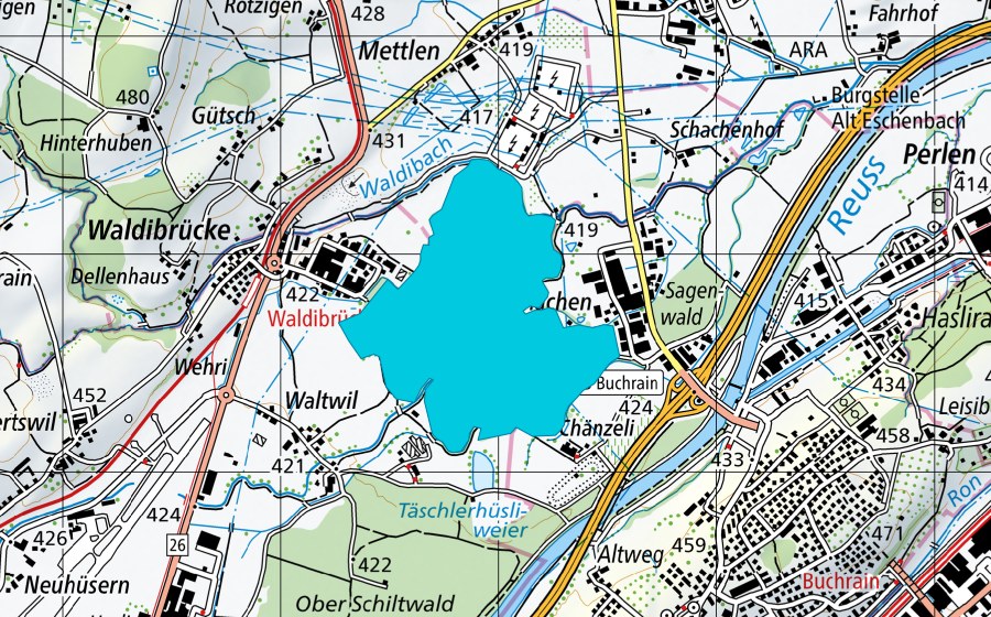 Carte nationale swisstopo avec le périmètre protégé de Unterer Schiltwald (Zone alluviale)