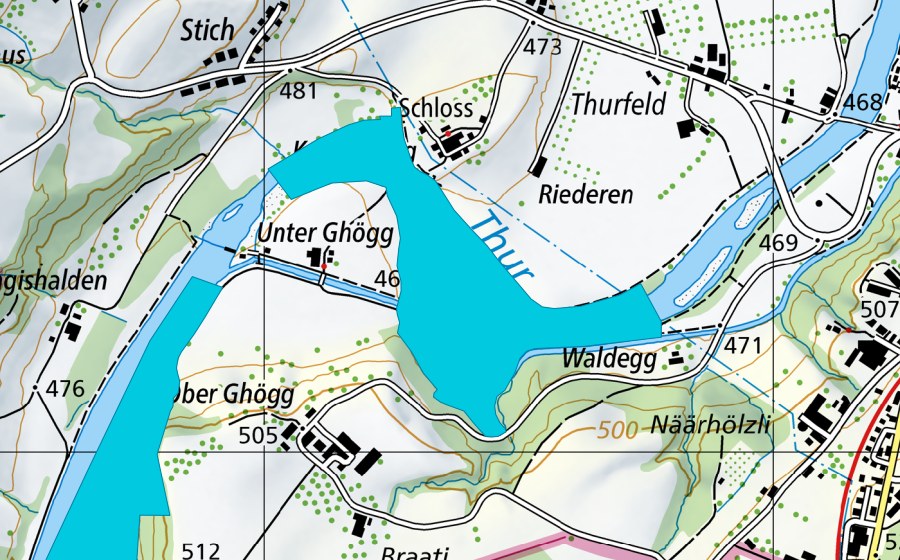 Landeskarte swisstopo mit dem Schutzperimeter von Unteres Ghögg (Auengebiet)