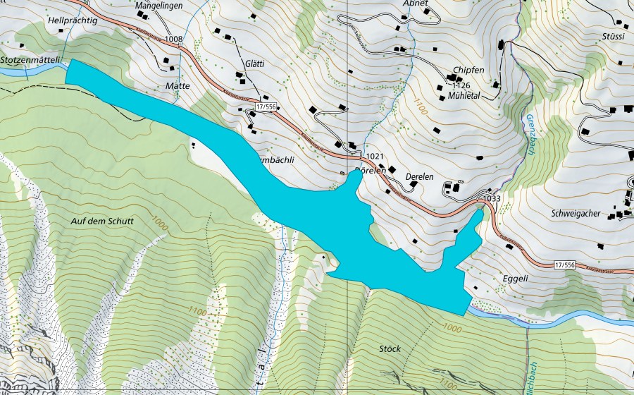 Carte nationale swisstopo avec le périmètre protégé de Unterschächen - Spiringen (Zone alluviale)