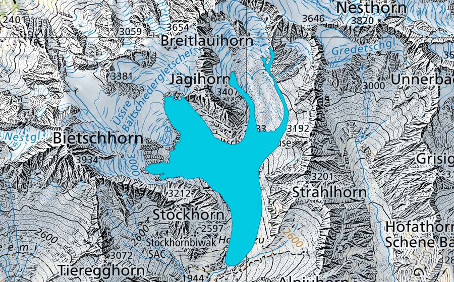 swisstopo national map showing the protected perimeter of Üssre Baltschiedergletscher (Floodplain)