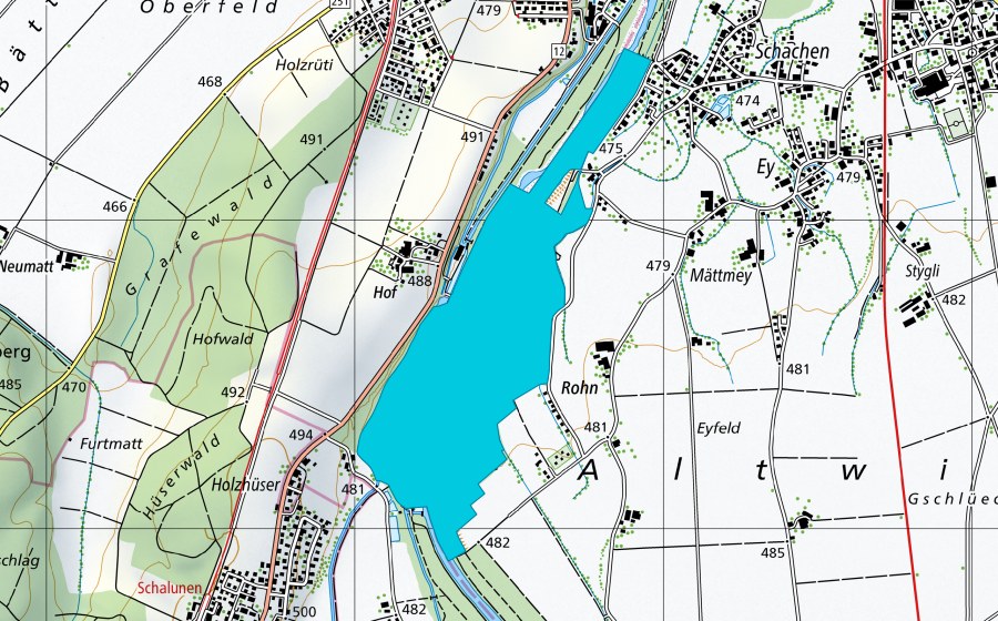 swisstopo national map showing the protected perimeter of Utzenstorfer Schachen (Floodplain)