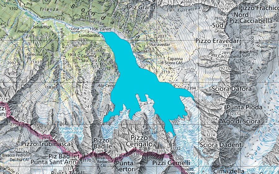 Carta nazionale swisstopo con il perimetro protetto di Vadrec da la Bondasca (Zona golenale)