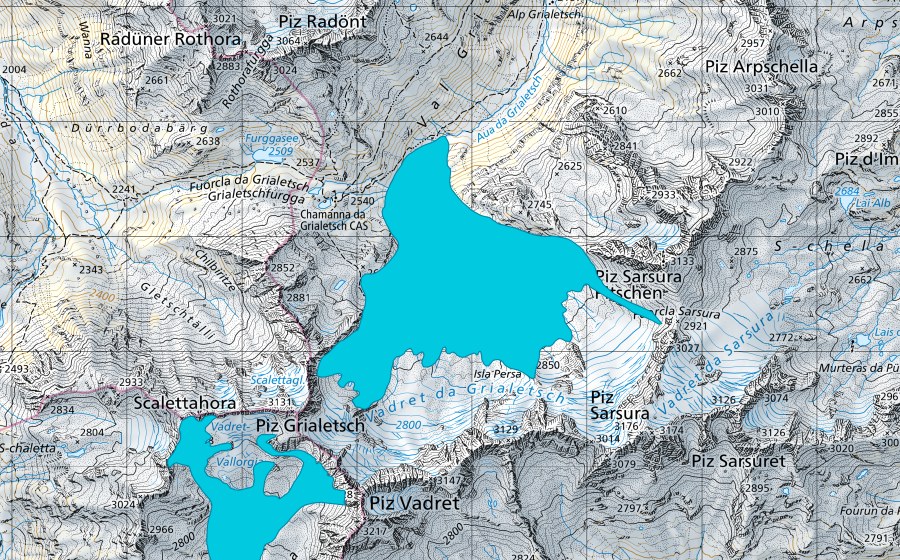 Carte nationale swisstopo avec le périmètre protégé de Vadret da Grialetsch (Zone alluviale)