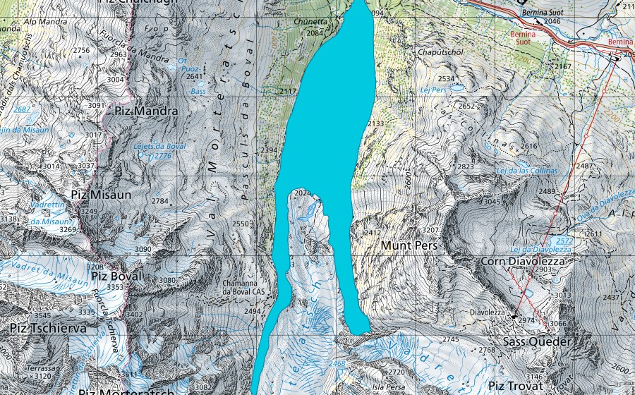 Carte nationale swisstopo avec le périmètre protégé de Vadret da Morteratsch (Zone alluviale)