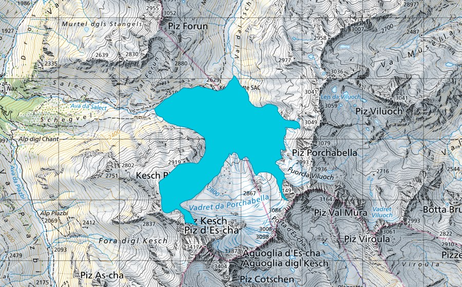 Landeskarte swisstopo mit dem Schutzperimeter von Vadret da Porchabella (Auengebiet)