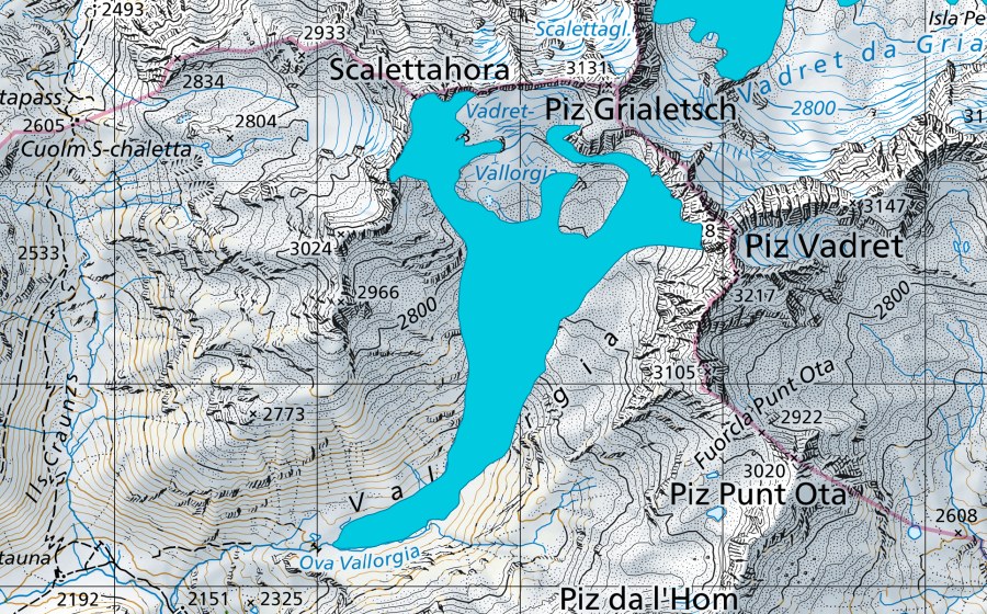 Carte nationale swisstopo avec le périmètre protégé de Vadret Vallorgia (Zone alluviale)