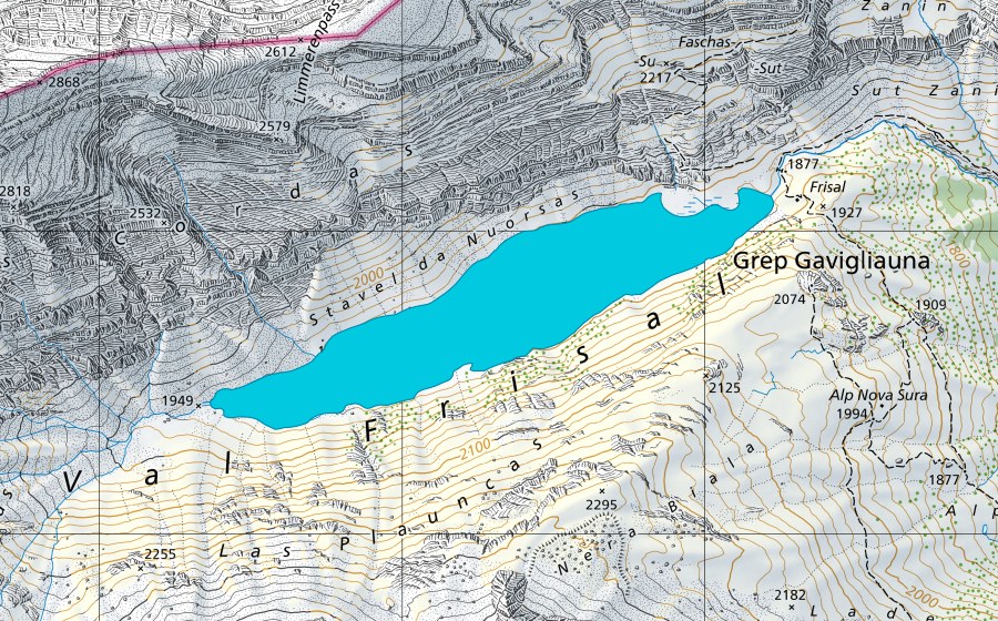 Landeskarte swisstopo mit dem Schutzperimeter von Val Frisal (Auengebiet)
