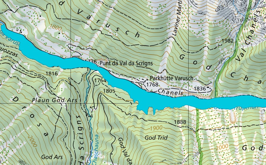 Carte nationale swisstopo avec le périmètre protégé de Val Trupchun (Zone alluviale)