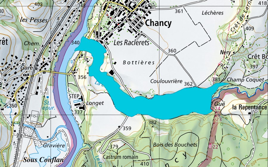 Carte nationale swisstopo avec le périmètre protégé de Vallon de la Laire (Zone alluviale)
