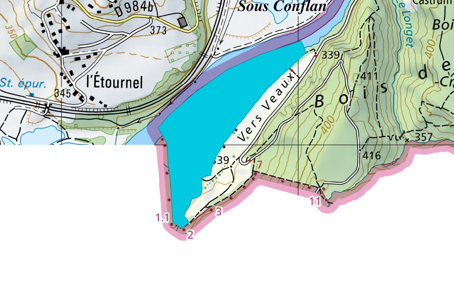 Carte nationale swisstopo avec le périmètre protégé de Vers Vaux (Zone alluviale)