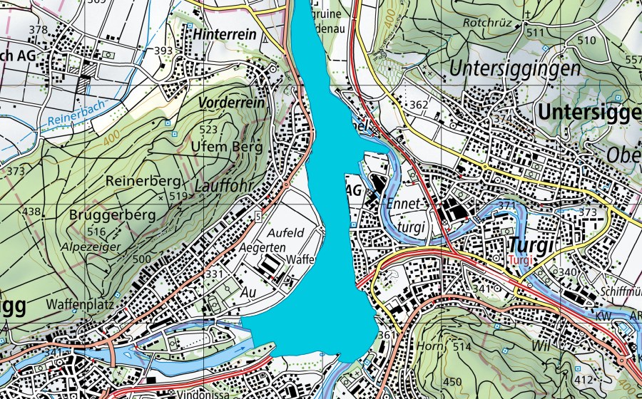 swisstopo national map showing the protected perimeter of Wasserschloss Brugg - Stilli (Floodplain)