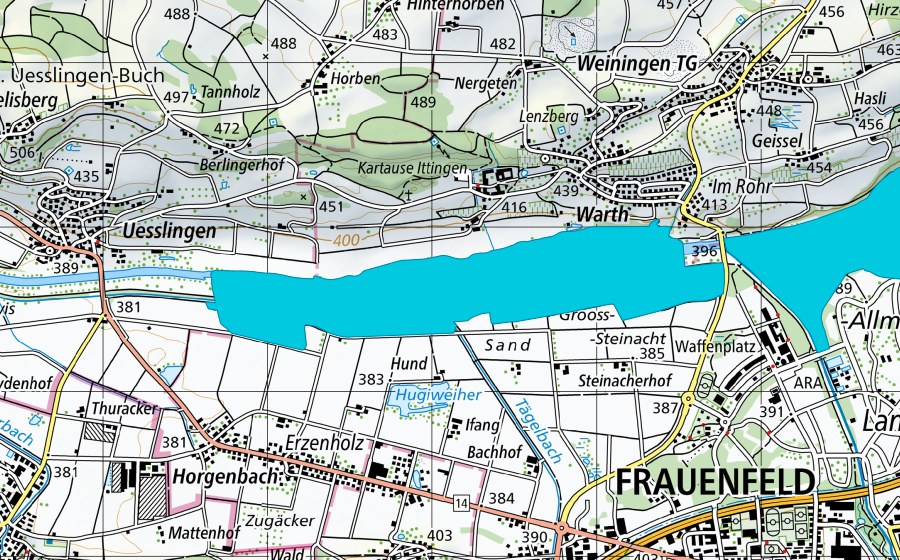 swisstopo national map showing the protected perimeter of Wuer (Floodplain)