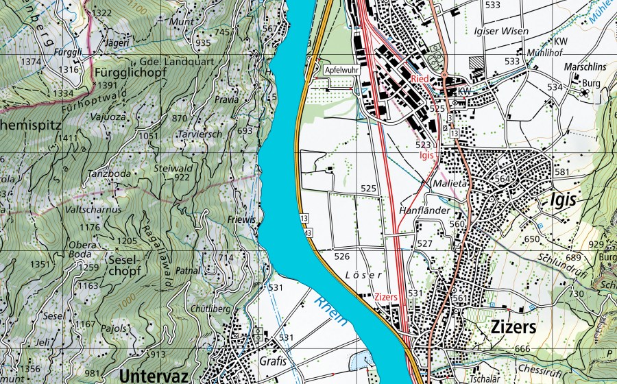 Carta nazionale swisstopo con il perimetro protetto di Zizers - Mastrils (Zona golenale)