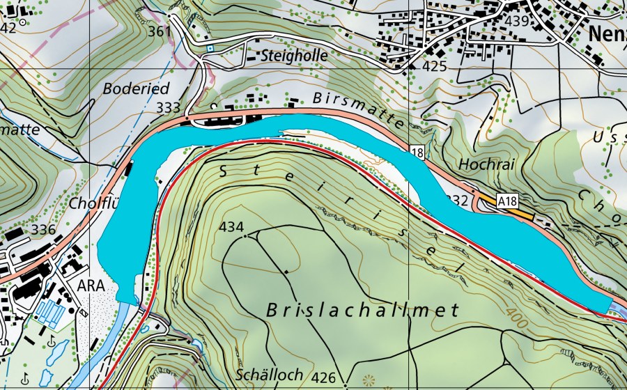 Carte nationale swisstopo avec le périmètre protégé de Zwingen - Brislach (Zone alluviale)