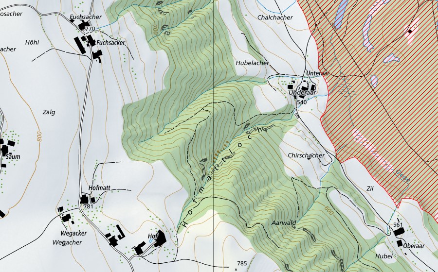 swisstopo national map showing the protected perimeter of Aarelandschaft zwischen Thun und Bern (BLN landscape)
