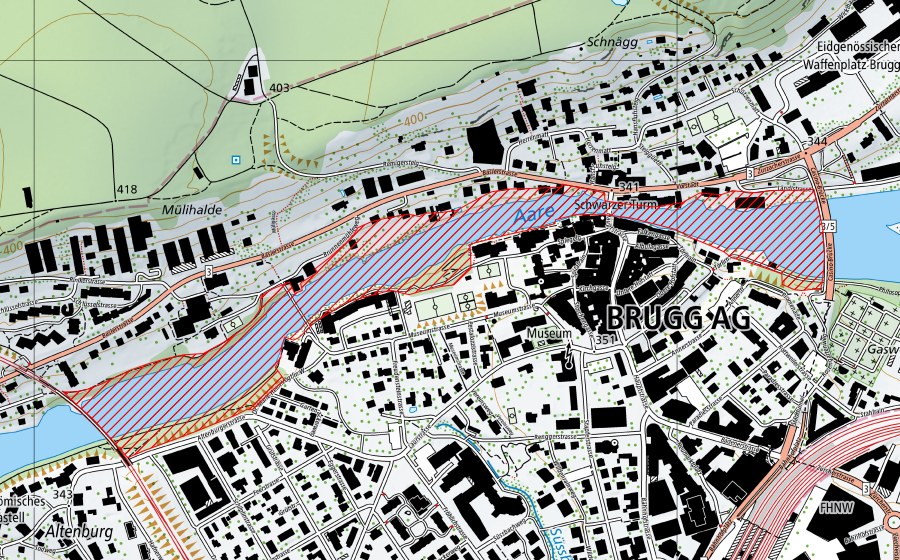 swisstopo national map showing the protected perimeter of Aareschlucht in Brugg (BLN landscape)