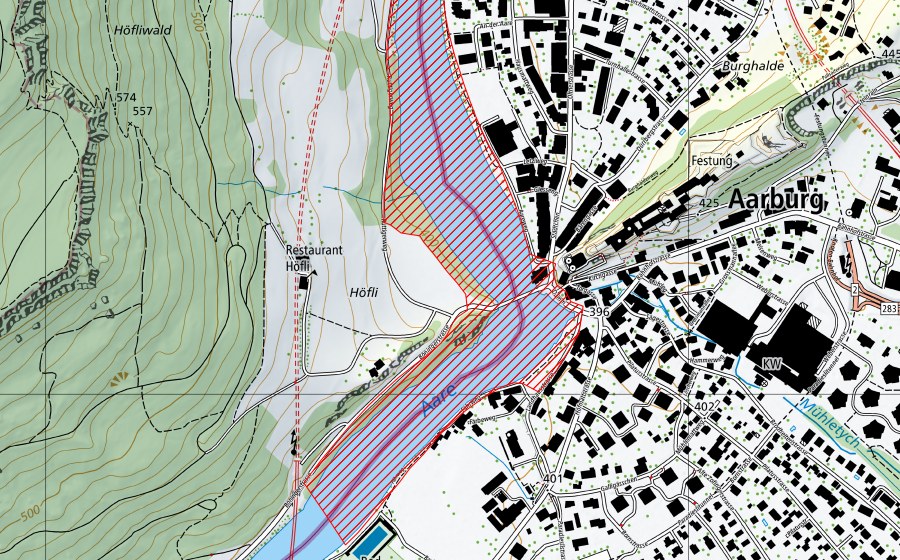 swisstopo national map showing the protected perimeter of Aarewaage Aarburg (BLN landscape)