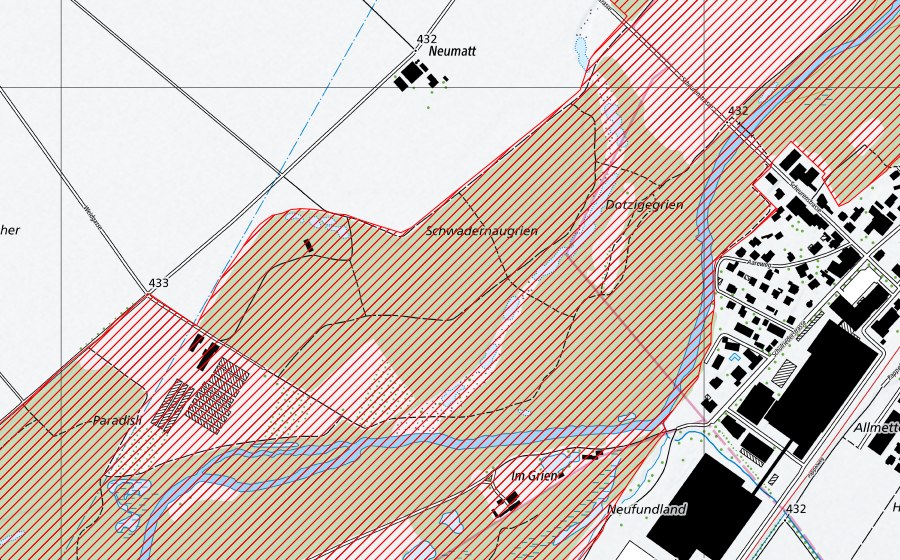 Carte nationale swisstopo avec le périmètre protégé de Alte Aare – Alte Zihl (Paysage IFP)