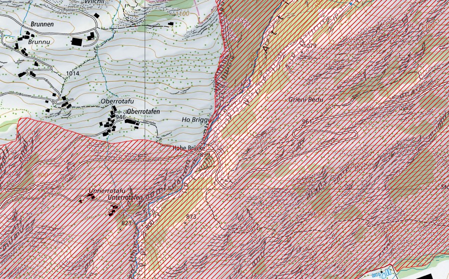 Landeskarte swisstopo mit dem Schutzperimeter von Bergji – Platten (BLN-Landschaft)