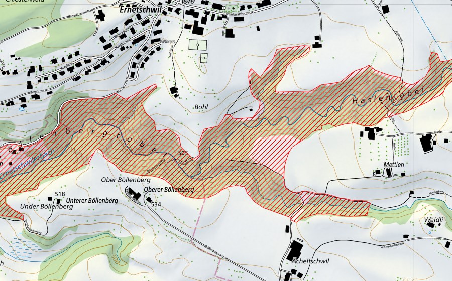 swisstopo national map showing the protected perimeter of Böllenbergtobel bei Uznach (BLN landscape)