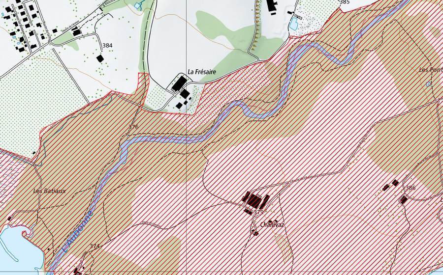 Carte nationale swisstopo avec le périmètre protégé de Chanivaz – Delta de l’Aubonne (Paysage IFP)