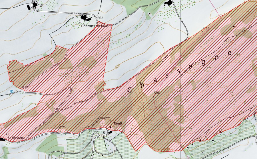 Carte nationale swisstopo avec le périmètre protégé de Chassagne (Paysage IFP)
