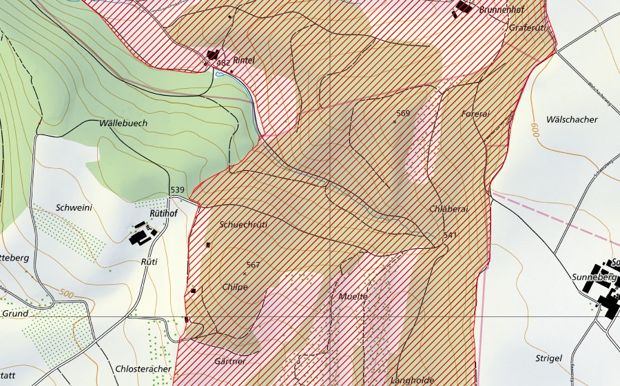 swisstopo national map showing the protected perimeter of Chilpe bei Diegten (BLN landscape)