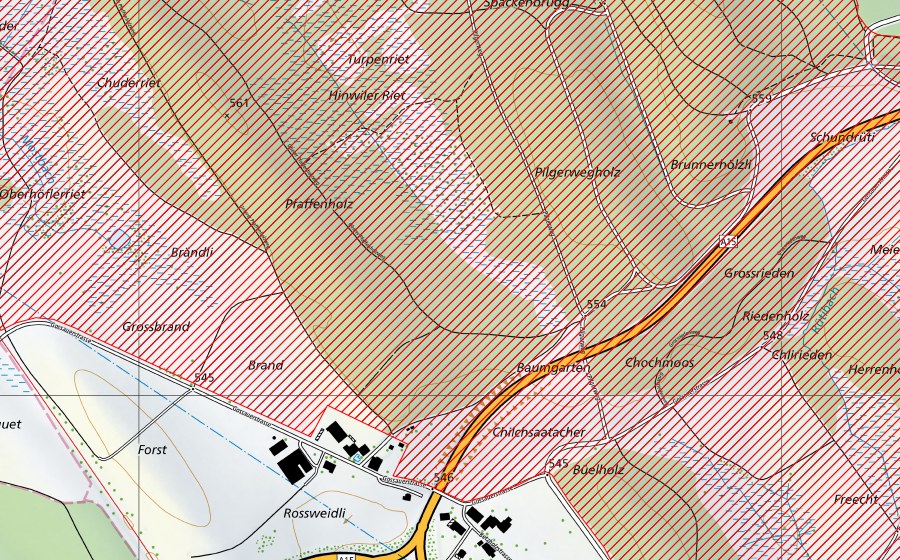Carte nationale swisstopo avec le périmètre protégé de Drumlinlandschaft Zürcher Oberland (Paysage IFP)