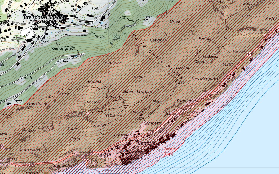 swisstopo national map showing the protected perimeter of Gandria e dintorni (BLN landscape)