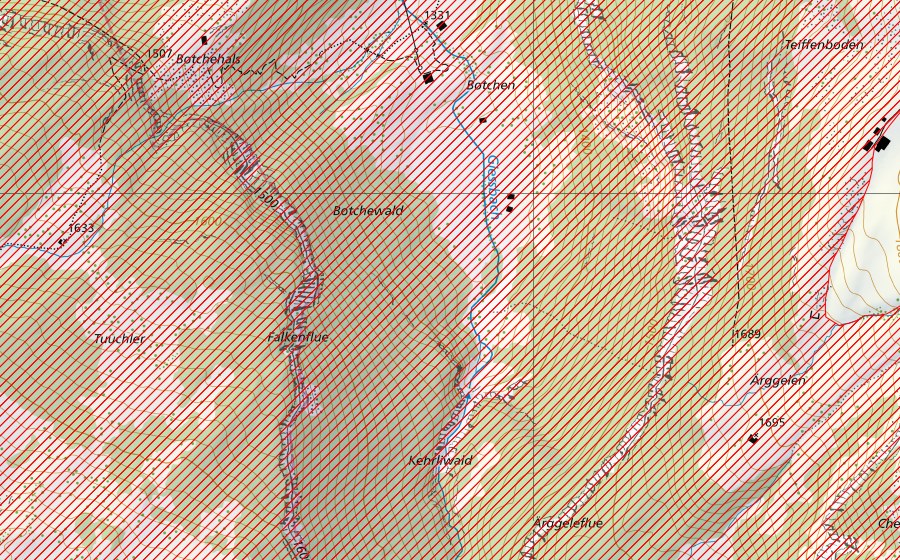 swisstopo national map showing the protected perimeter of Giessbach (BLN landscape)