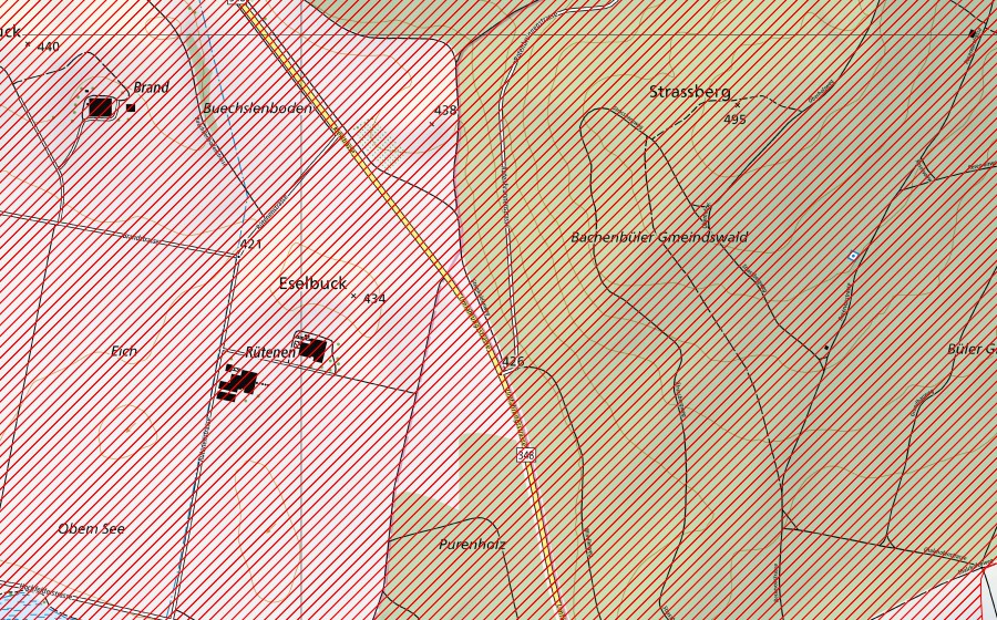 swisstopo national map showing the protected perimeter of Glaziallandschaft zwischen Neerach und Glattfelden (BLN landscape)