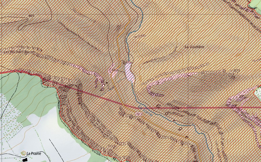 swisstopo national map showing the protected perimeter of Gorges du Pichoux (BLN landscape)
