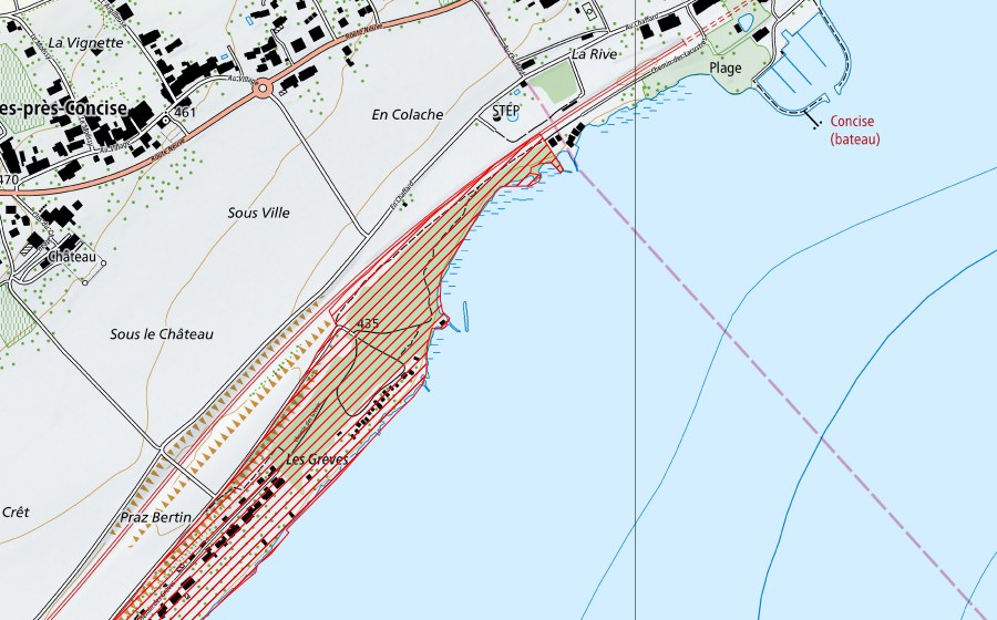 Landeskarte swisstopo mit dem Schutzperimeter von Grèves vaudoises de la rive nord du lac de Neuchâtel (BLN-Landschaft)