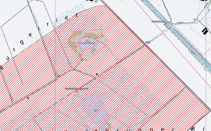 Carte nationale swisstopo avec le périmètre protégé de Kaltbrunner Riet (Paysage IFP)
