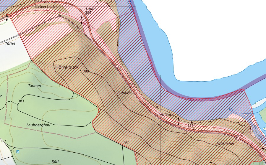 Carte nationale swisstopo avec le périmètre protégé de Koblenzer Laufen (Paysage IFP)