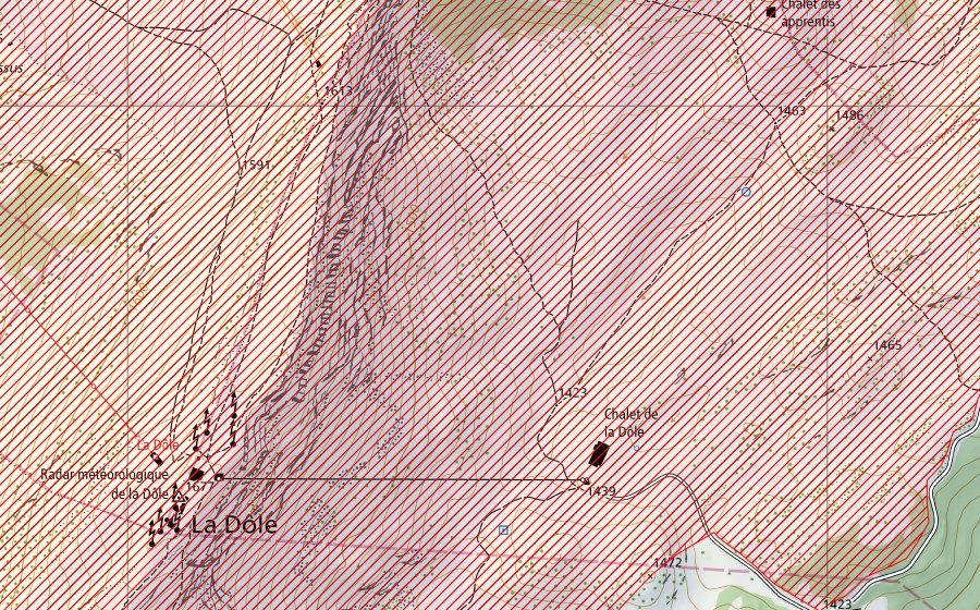 swisstopo national map showing the protected perimeter of La Dôle (BLN landscape)