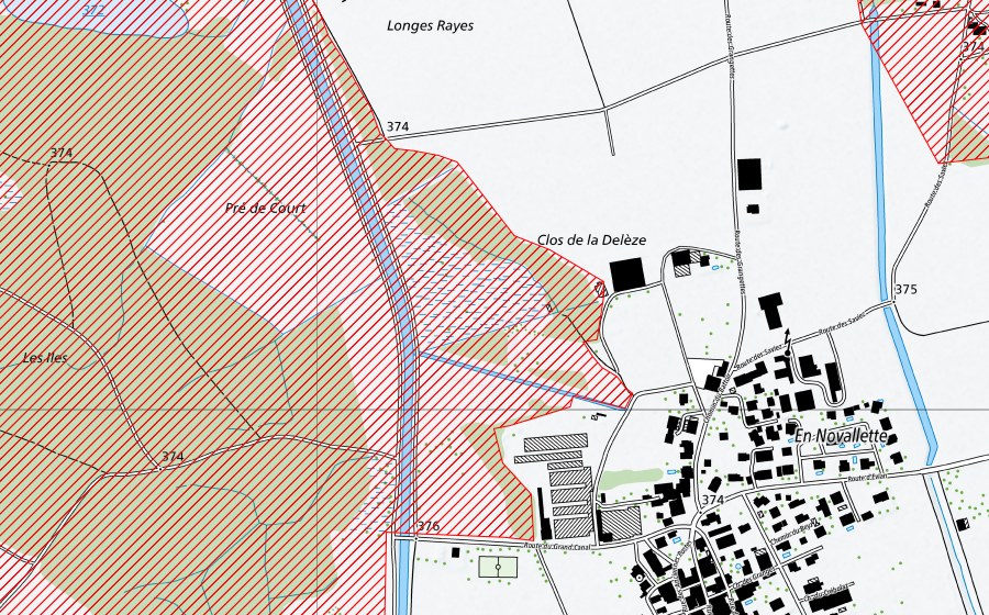 swisstopo national map showing the protected perimeter of Les Grangettes (BLN landscape)