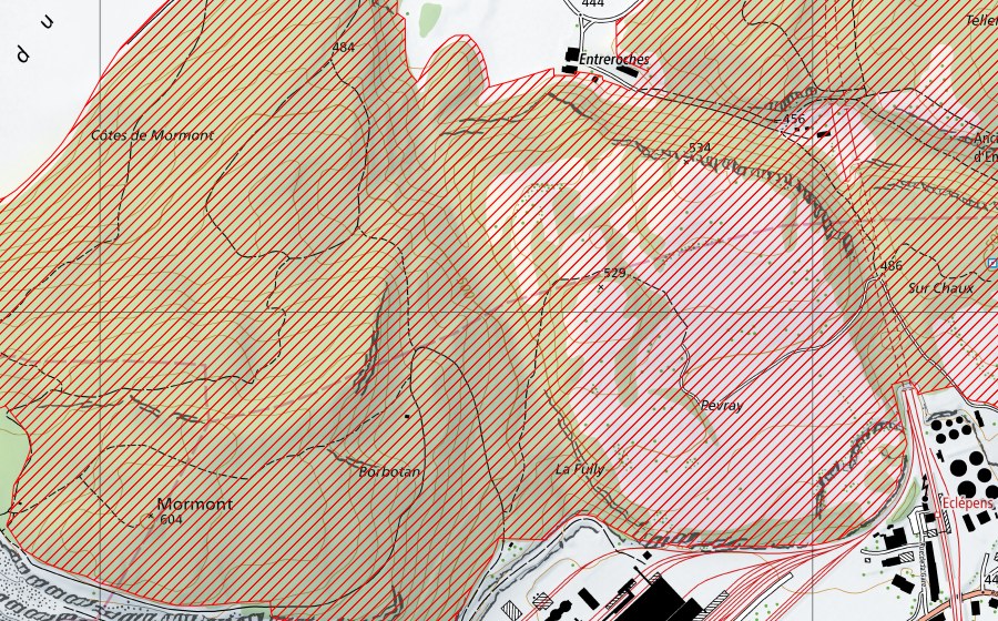 swisstopo national map showing the protected perimeter of Mormont (BLN landscape)