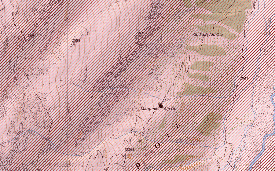 swisstopo national map showing the protected perimeter of Oberengadiner Seenlandschaft und Berninagruppe (BLN landscape)