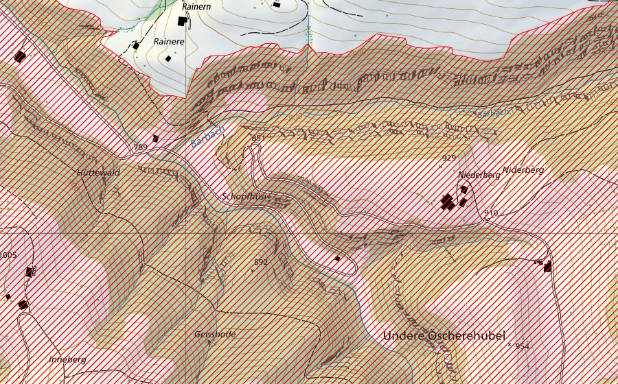 Landeskarte swisstopo mit dem Schutzperimeter von Oberes Emmental mit Räbloch, Schopfgrabe und Rämisgumme (BLN-Landschaft)