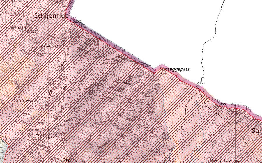 swisstopo national map showing the protected perimeter of Plasseggen – Schijenflue (BLN landscape)