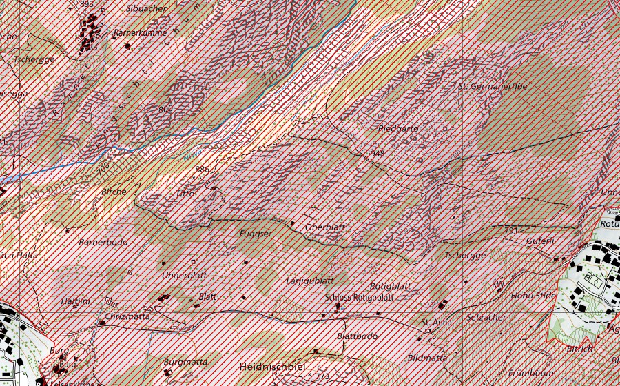Carte nationale swisstopo avec le périmètre protégé de Raron – Heidnischbiel (Paysage IFP)