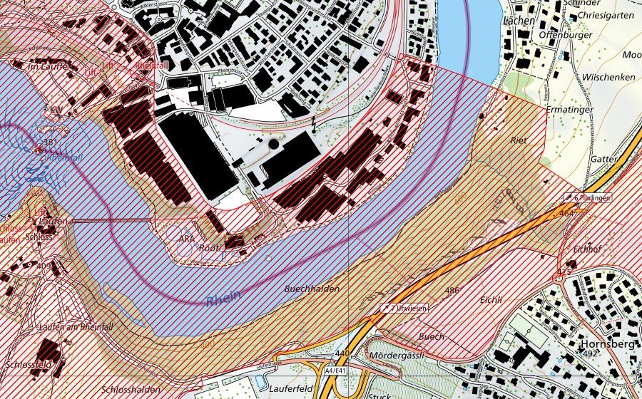 Landeskarte swisstopo mit dem Schutzperimeter von Rheinfall (BLN-Landschaft)