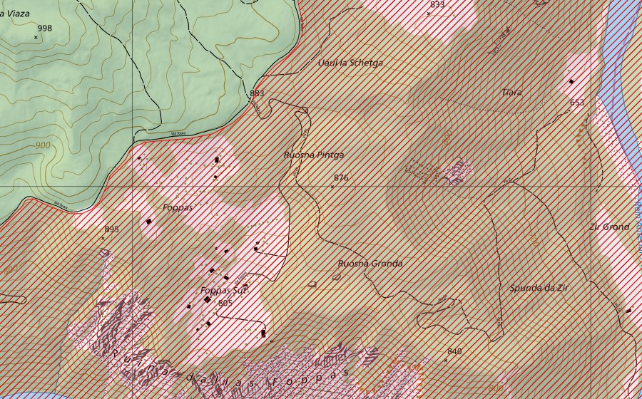 swisstopo national map showing the protected perimeter of Ruinaulta (BLN landscape)
