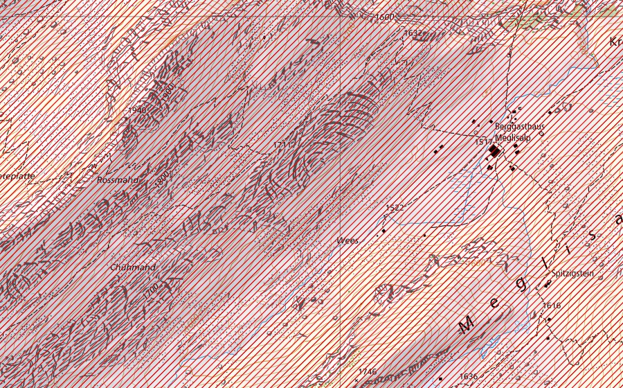 swisstopo national map showing the protected perimeter of Säntisgebiet (BLN landscape)