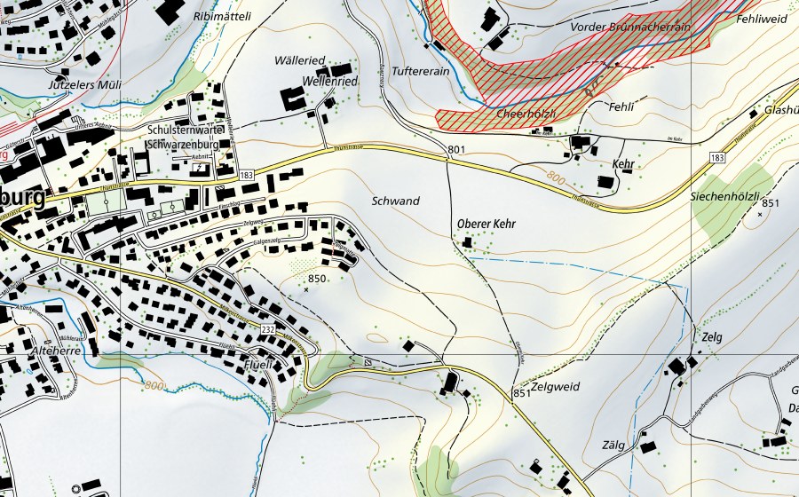 Landeskarte swisstopo mit dem Schutzperimeter von Schwarzenburgerland mit Sense- und Schwarzwasserschlucht (BLN-Landschaft)