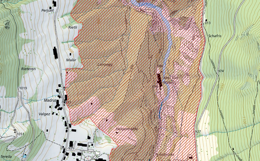 Carte nationale swisstopo avec le périmètre protégé de Taminaschlucht (Paysage IFP)