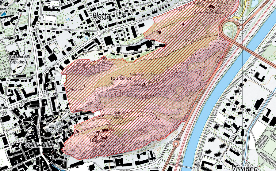 swisstopo national map showing the protected perimeter of Valère et Tourbillon (BLN landscape)
