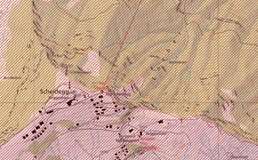 Carte nationale swisstopo avec le périmètre protégé de Vierwaldstättersee mit Kernwald, Bürgenstock und Rigi (Paysage IFP)