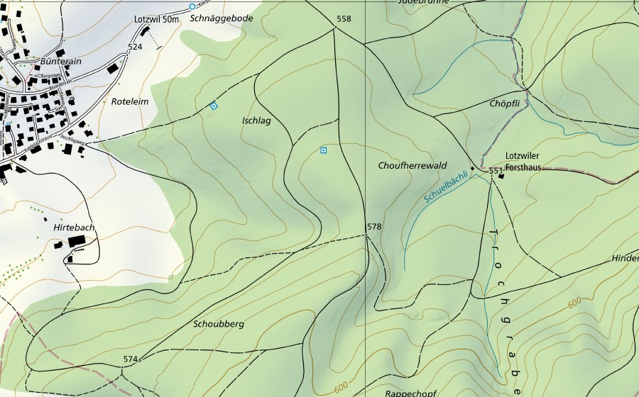 Landeskarte swisstopo mit dem Schutzperimeter von Wässermatten in den Tälern der Langete, der Rot und der Önz (BLN-Landschaft)